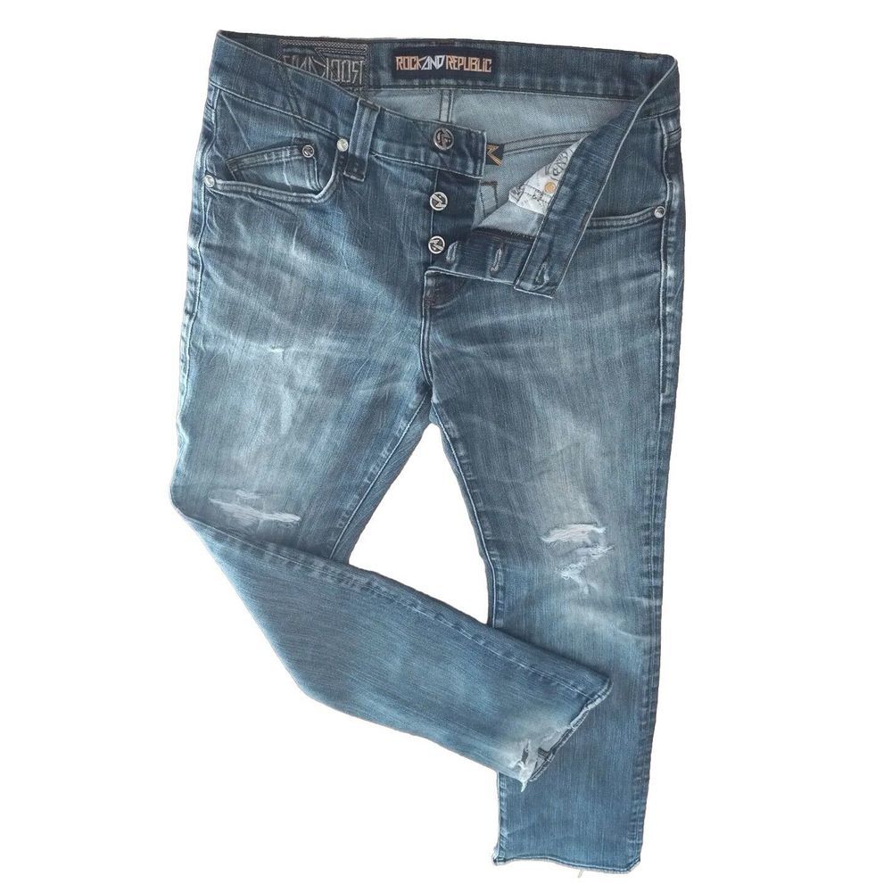 Rock And Republic Authentic Men‎ 34 Denim Ripped Jeans Embroider Inseam 32 Blue